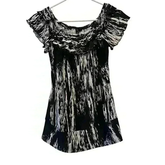 Milano Black White Patterned Silk Ruffle Blouse - Picture 1 of 4